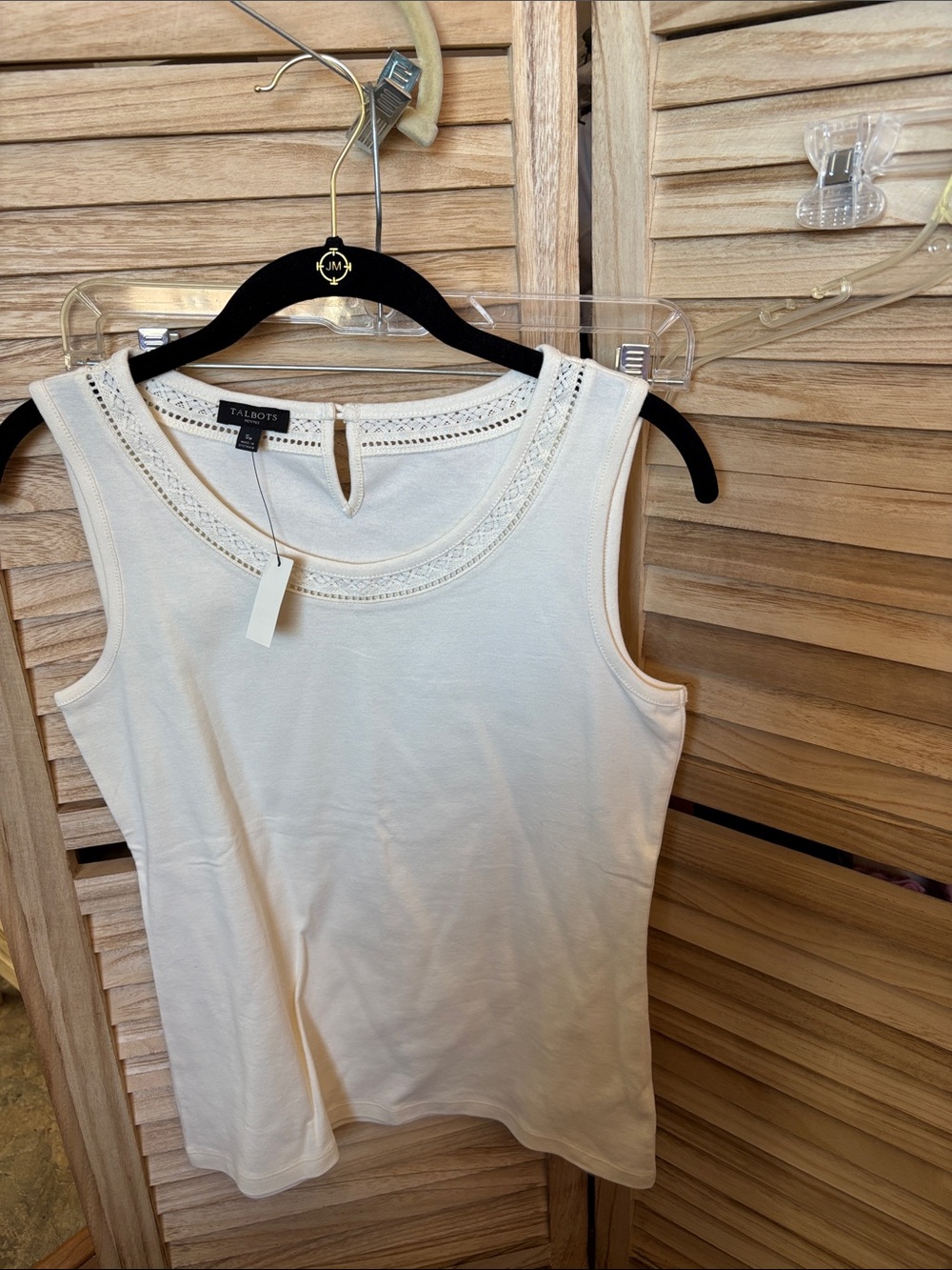 Talbots Cream Sleeveless Knit Tank with Lace-Trim Neckline Petite Small NWT